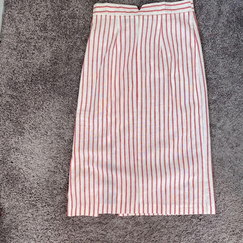 Forever 21 Red White Striped Linen Blend Side Button Midi Skirt Size Small - Picture 4 of 5